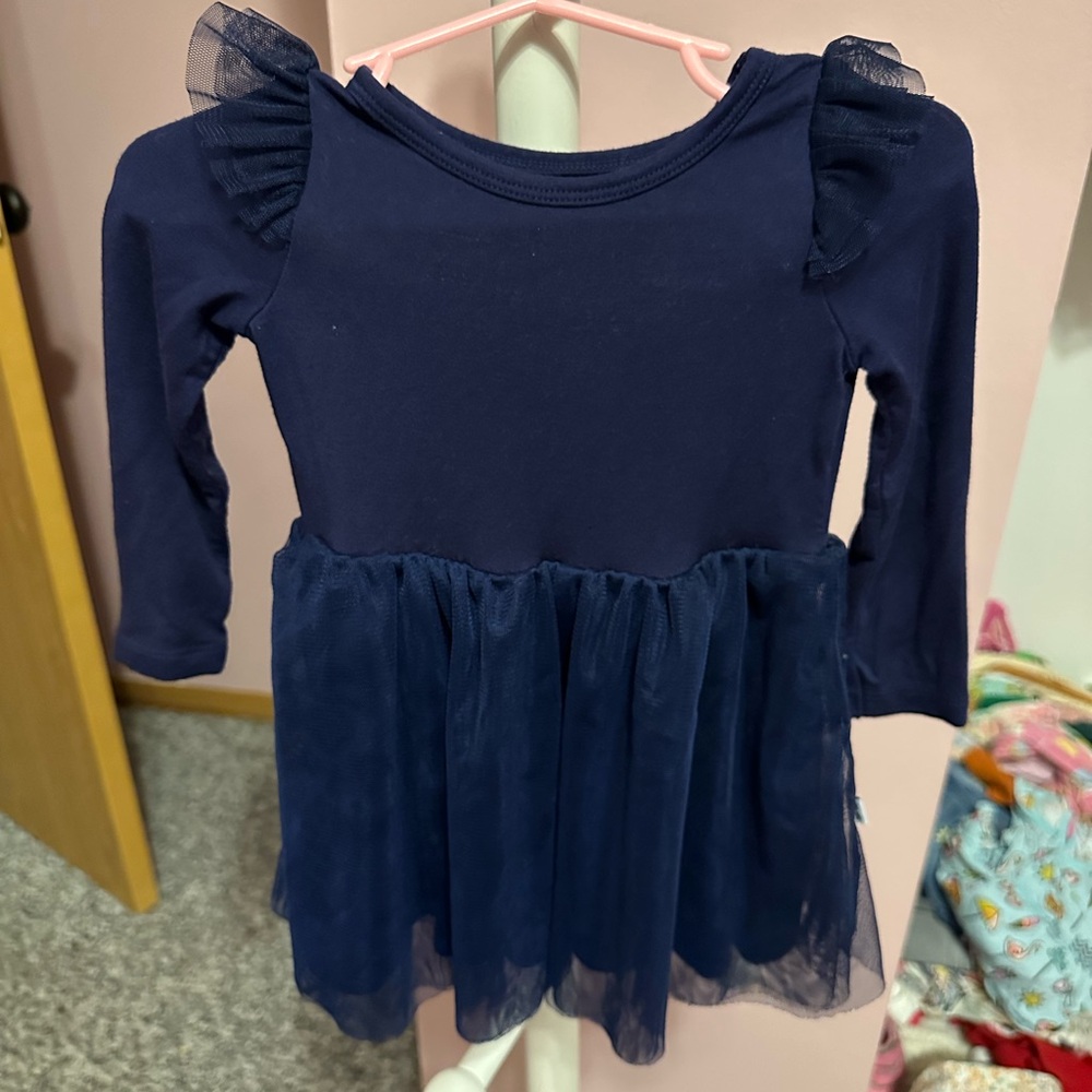 Navy Blue Long Sleeve Dress with Tulle Skirt